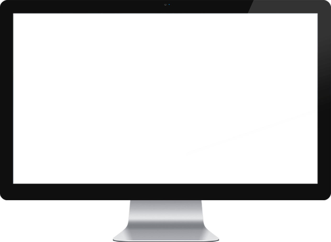 Monitor de ordenador con pantalla en blanco y reflejo de luz diagonal, sobre un soporte plateado, en un entorno limpio y minimalista.
